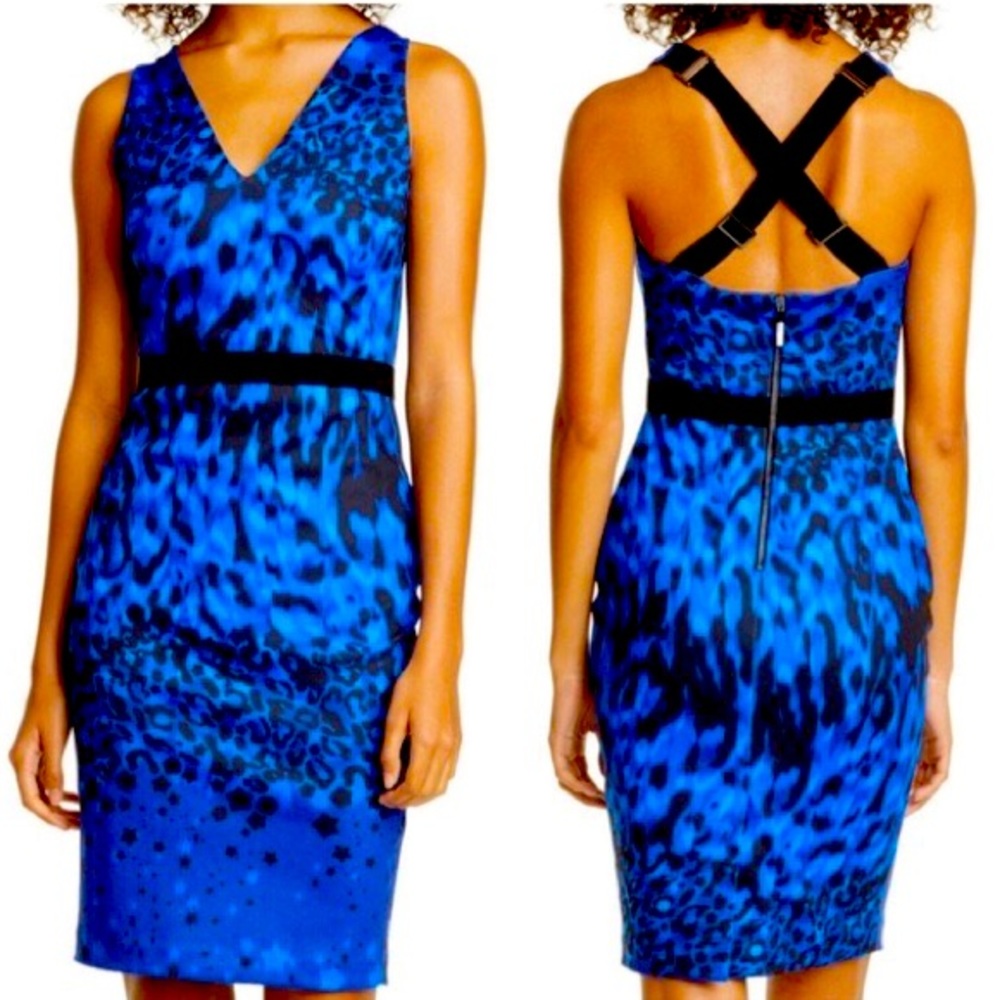 Ted Baker NWT Blue Topaz Amaalee Racerback Mixed Print Bodycon Dress size 1/US 4